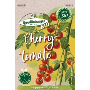 Samentüte Quedlinburger Bio-Cherrytomate Rot mit Abbildung der Tomatenrispe.