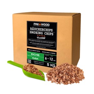 PINI Räucherchips Eiche 6-12 mm, 5 kg, in Kartonbox mit Holzspänen und Schaufel für Grill.