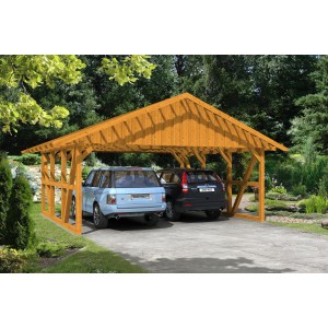 Skan Holz Carport Schwarzwald Eiche, Fachwerk-Bauweise mit zwei geparkten Autos.