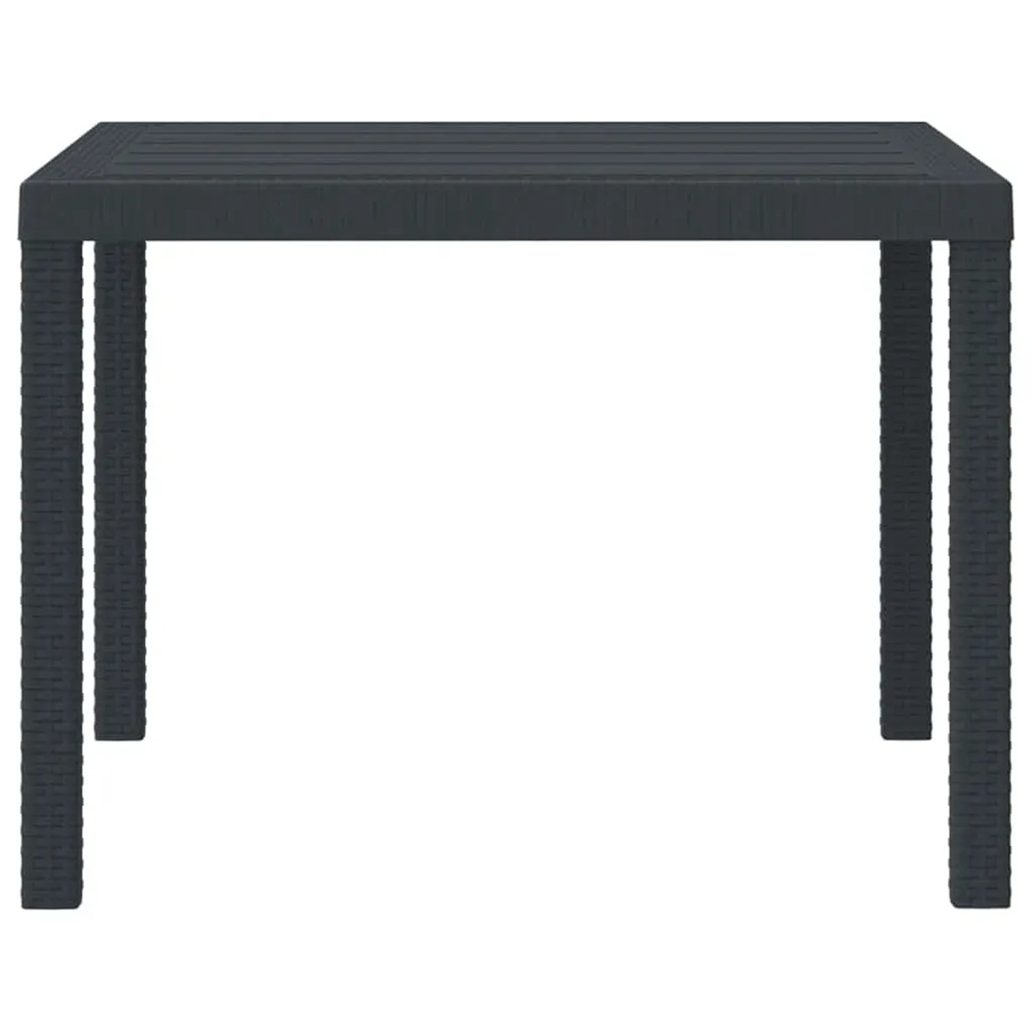 Quadratischer, anthrazitfarbener Gartentisch (100x100 cm) aus Poly-Rattan von vidaXL.