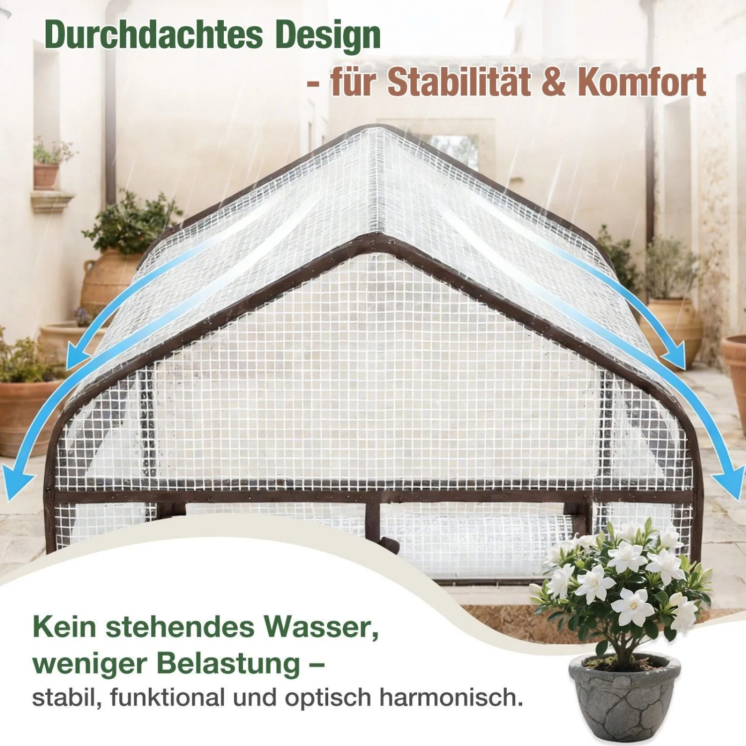 Sekey Foliengewächshaus mit Giebeldach, transparenter Folie und braunem Rahmen. Effektiver Wasserablauf für Stabilität im Garten.