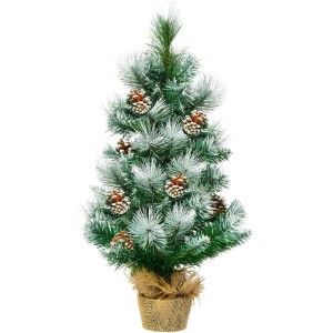 Künstlicher, schneebedeckter Costway Weihnachtsbaum (60cm) mit Tannenzapfen im Jutesack.