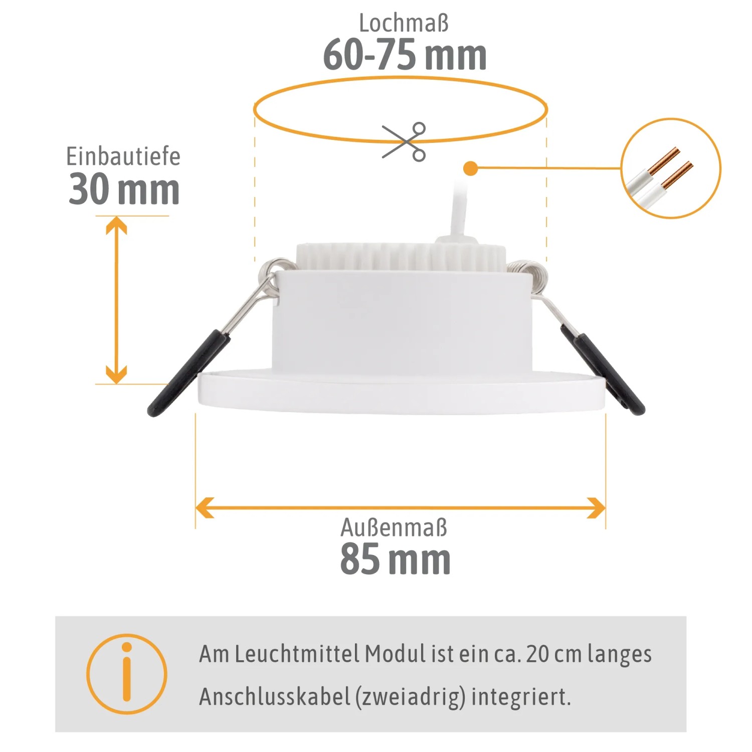 Detailaufnahme: Weißer, dimmbarer LED Einbaustrahler für Bad & Außen, IP65, flaches Design, Maße eingezeichnet.