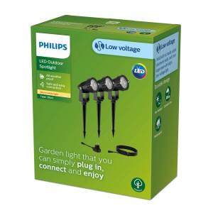 Philips Caper Gartenstrahler 3er-Set mit Erdspieß, Netzteil und Kabel. Niedervolt-System für den Außenbereich.