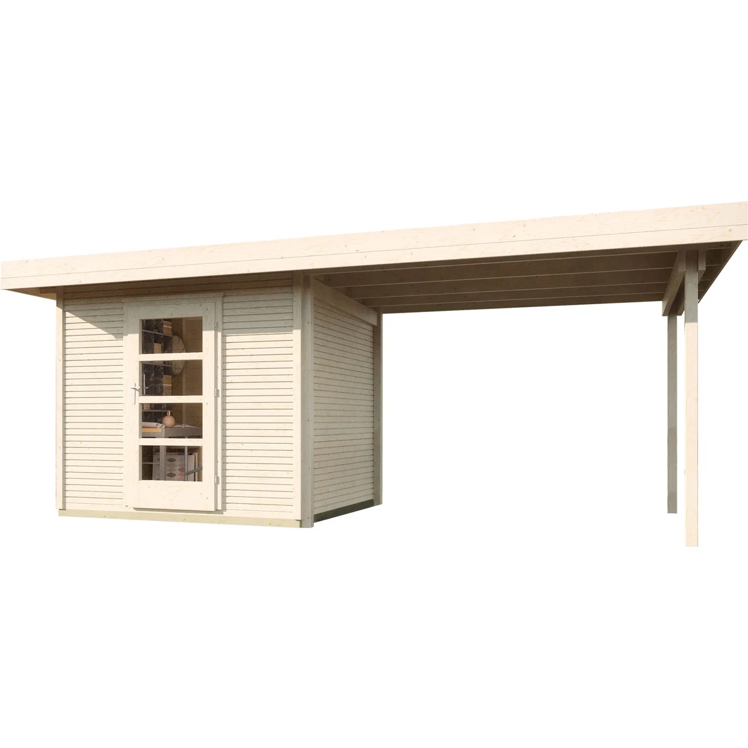 Unbehandeltes WekaLine Holz-Gartenhaus mit Flachdach und Anbau, 590x377cm.