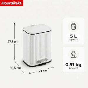 Weißer Floordirekt Miles Treteimer, 5 L, mit Soft-Close-Deckel und Pedal. Maße: 27,8x19,5x21 cm, 0,91 kg. Für Bad, Küche.