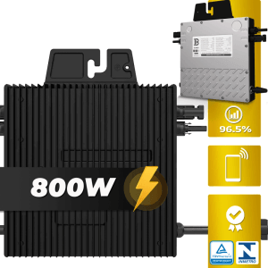 SUNNIVA Wechselrichter 800W für Balkonkraftwerk, schwarzes Gehäuse mit Leistungsangabe und Symbolen.