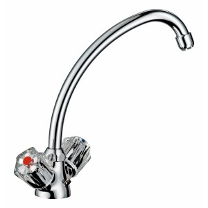 Zweigriff-Küchenarmatur Ledro Chrom, Niederdruckarmatur mit Acryl-Drehreglern und schwenkbarem Auslauf.