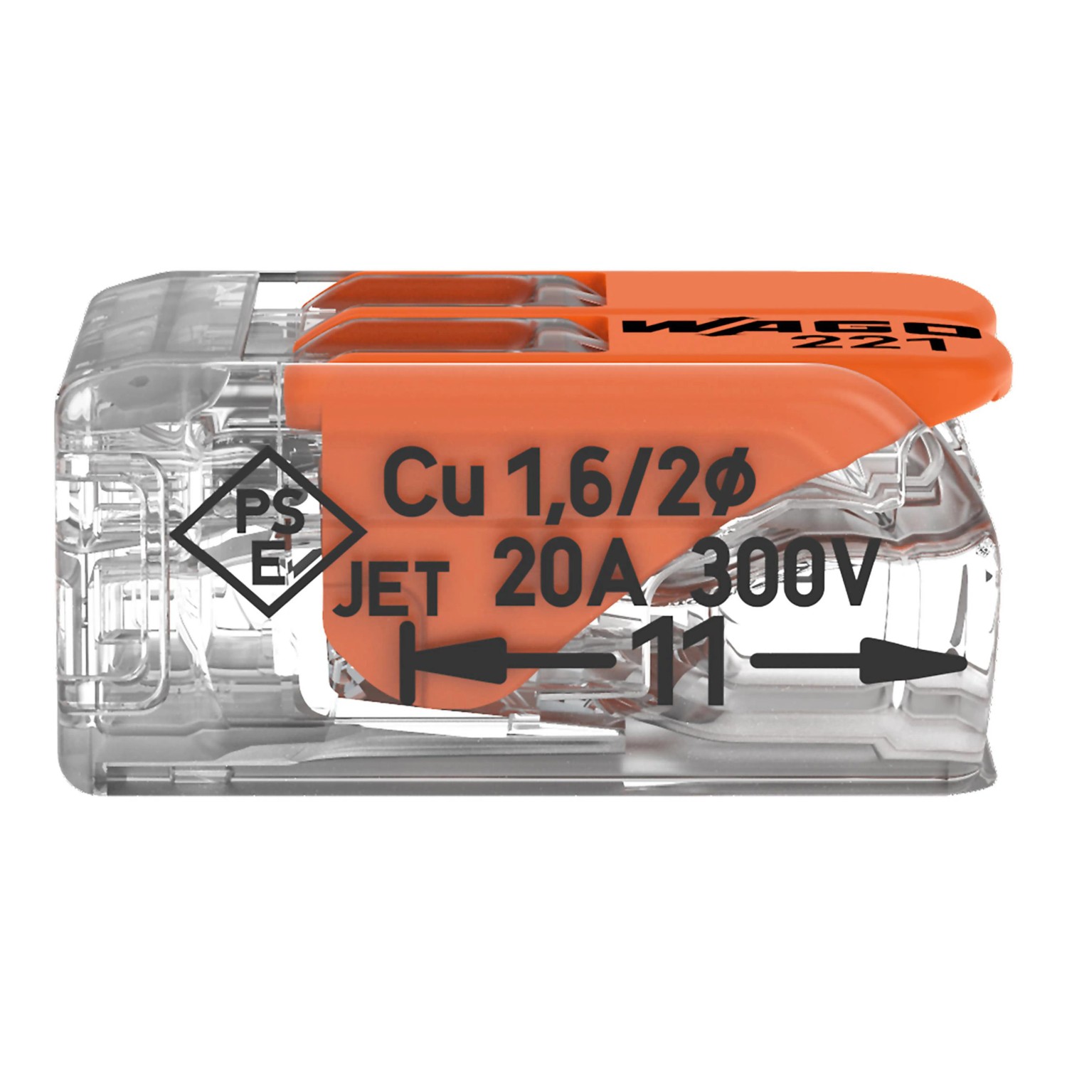 Wago Hebelklemme, 2-polig, für Leiter Ø 0,2-4mm², 5er-Pack. Verbindungsklemme mit transparentem Gehäuse und orangefarbenen Hebeln.