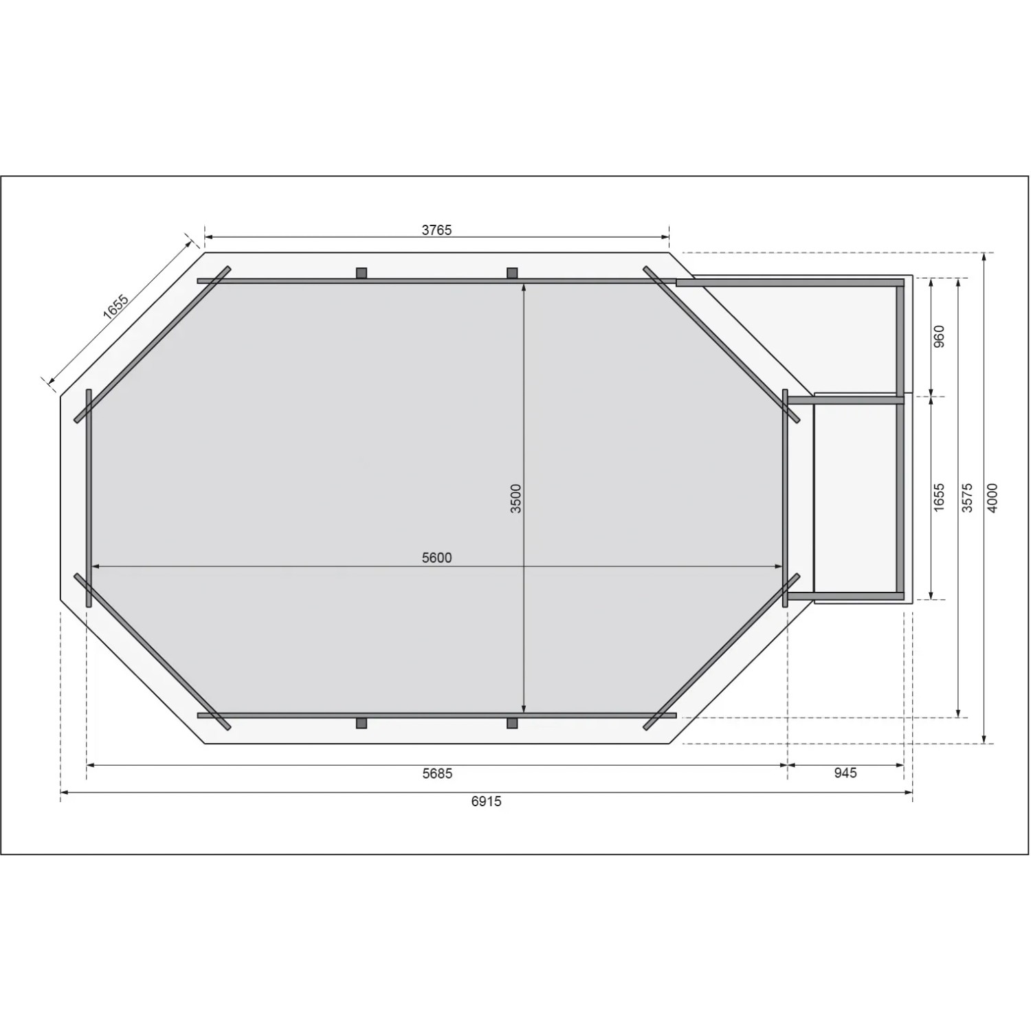 Draufsicht Karibu Pool 4 Set KDI mit Sonnenterrasse B und Eckterrasse, Maße und Details.