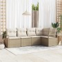 Beiges 5-teiliges Gartensofa-Set aus Rattan mit Kissen für Terrasse und Garten.