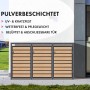 KARAT Mülltonnenbox Johan mit 3 Türen und Holzdekor vor einer Hauswand.