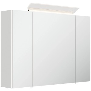 Weißer Hochglanz Spiegelschrank 90 cm mit 3 Spiegeltüren und integrierter LED-Designlampe für das Badezimmer.