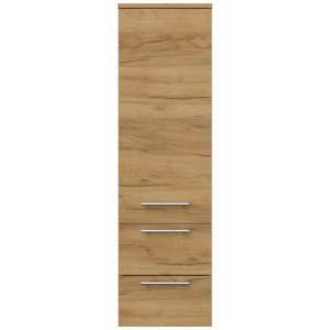 Posseik Hochschrank 120 cm in Eiche Gold mit Glaseinlagen und Soft-Close Schubladen.