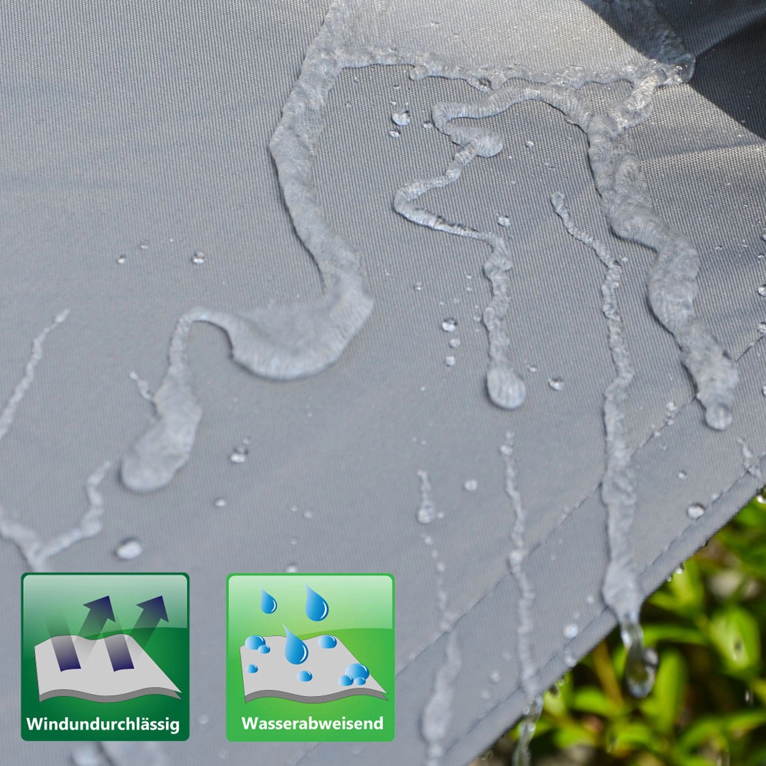 Graues, wasserabweisendes AMANKA Sonnensegel aus Polyester, rechteckig (1x2m), mit Wasserperlen.