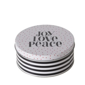 Runde Boltze Vorratsdose Soho, schwarz-weiß gestreift und gepunktet, mit Schriftzug.