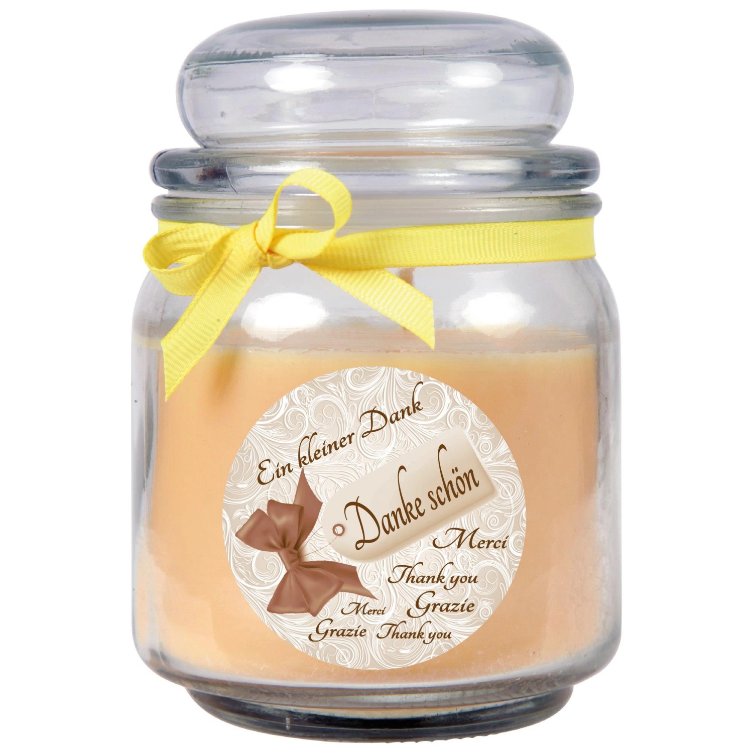 HS Candle Duftkerze & Bonbon Glas Danke Vanille Gelb günstig online kaufen