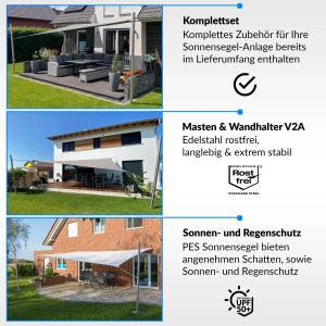 Toldoro Sonnensegel Komplettset 6x4m in Sand mit Befestigungsmaterial, Masten und Zubehör für UV- und Regenschutz.