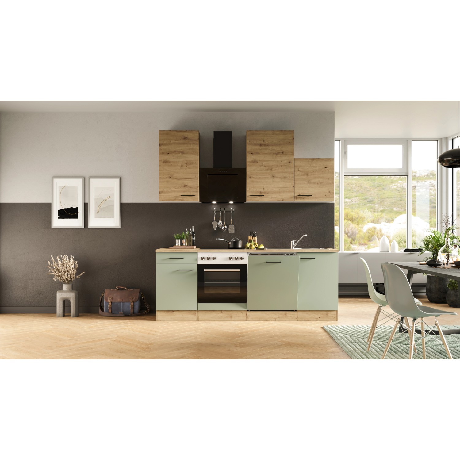 Flex-Well Küche in Schilfgrün/Artisan Eiche mit E-Geräten und Spüle, 220 cm breit.
