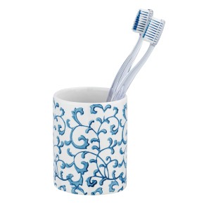 Wenko Zahnputzbecher Mirabello, Keramik, blau-weiß mit floralem Muster, inklusive Zahnbürsten.