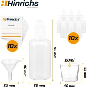 Hinrichs Tropfflaschen Set: 10 Flaschen, Trichter, Messbecher, Etiketten. Ideal für Schmierstoffe und mehr.