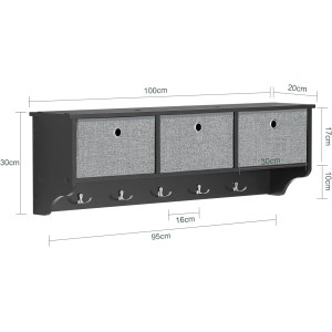 Schwarze Wandgarderobe mit 3 Körben und 5 Haken. Holzgarderobe für Flur, Bad oder Küche.