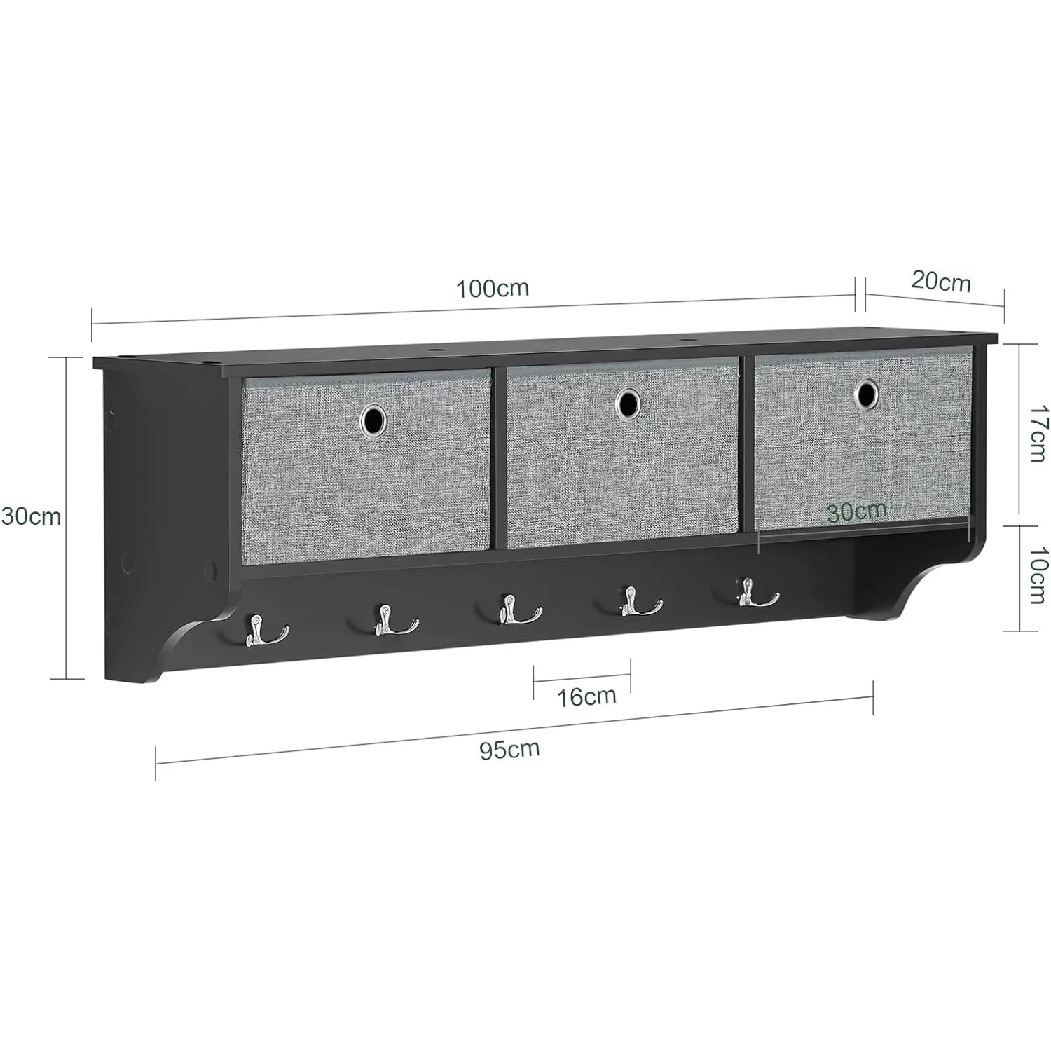 Schwarze Wandgarderobe mit 3 Körben und 5 Haken. Holzgarderobe für Flur, Bad oder Küche.
