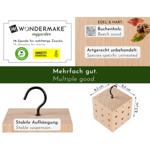 WONDERMAKE Insektenhotel trialea1, 3er Set aus Buchenholz mit Aufhängehaken.