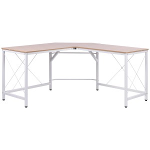 L-förmiger HOMCOM Computertisch/Eckschreibtisch mit heller Holzplatte und weißem Metallgestell.