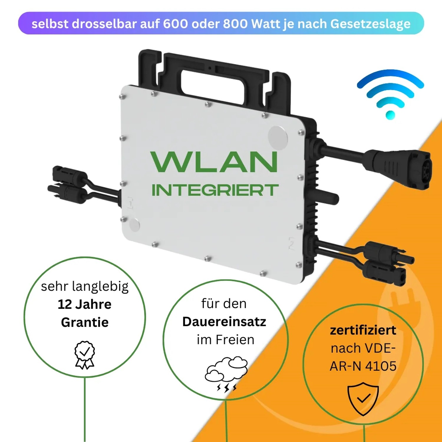 WLAN Wechselrichter für MyVoltaics Balkonkraftwerk, Premium, transparent. Für 880 bis 1100 Watt Leistung.