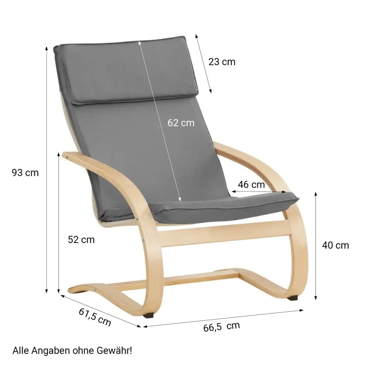 Homestyle4u Relaxsessel Grau 2405: Loungesessel mit Holzrahmen und grauer Polsterung, Maße eingezeichnet.