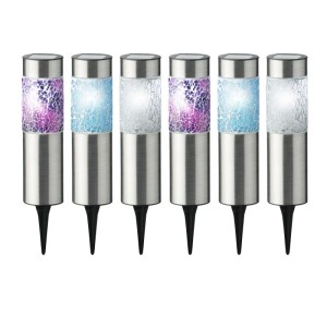 6er Set Marelida LED Solar Wegleuchten aus Edelstahl mit farbigem Mosaikmuster für Garten und Rasen.