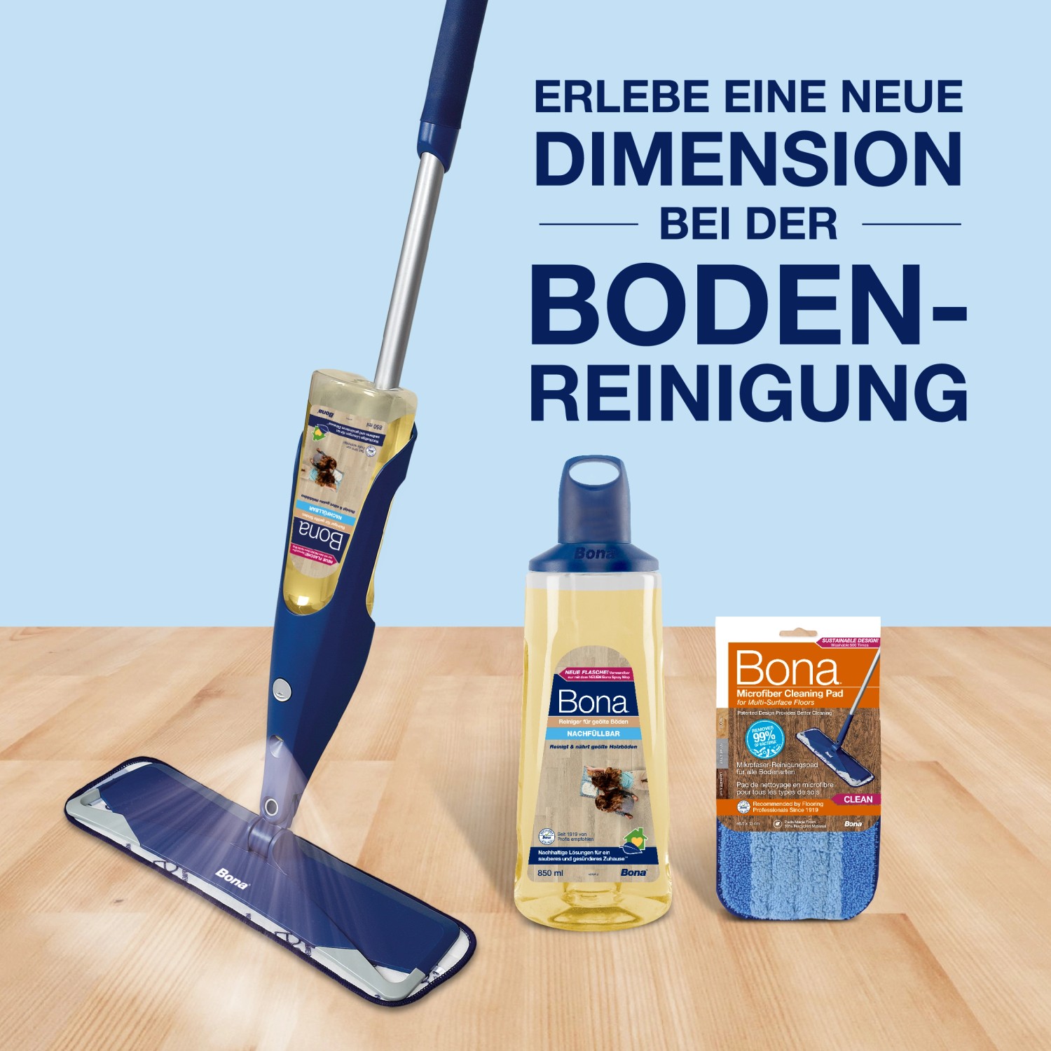 Bona Reiniger für geölte Böden mit Spray Mop und Reinigungspad. Ideal für die Pflege geölter Parkettböden.