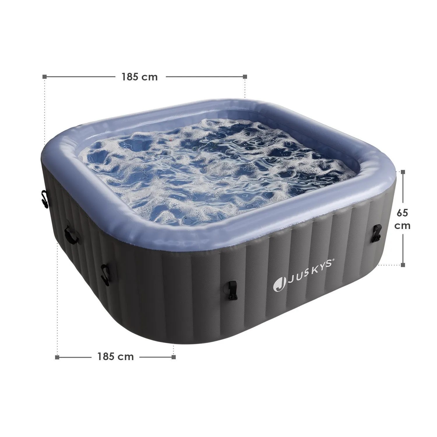Juskys SpaLuxe aufblasbarer Whirlpool, grau-blau, mit sprudelndem Wasser und Maßen 185x185x65 cm.