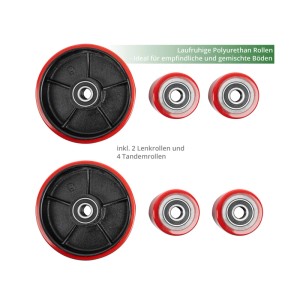 Güde Radwechsel-Kit PU: 2 Lenkrollen, 4 Tandemrollen. Rote Polyurethan-Räder für Hubwagen, leiser Lauf.