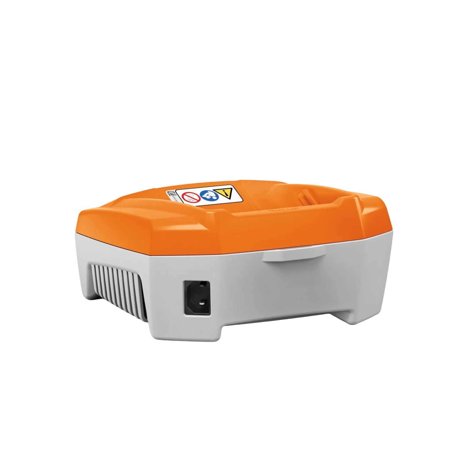 Stihl Schnellladegerät AL 501 in Orange-Grau. Kompaktes Ladegerät für Elektrowerkzeug-Akkus mit Wandbefestigung.