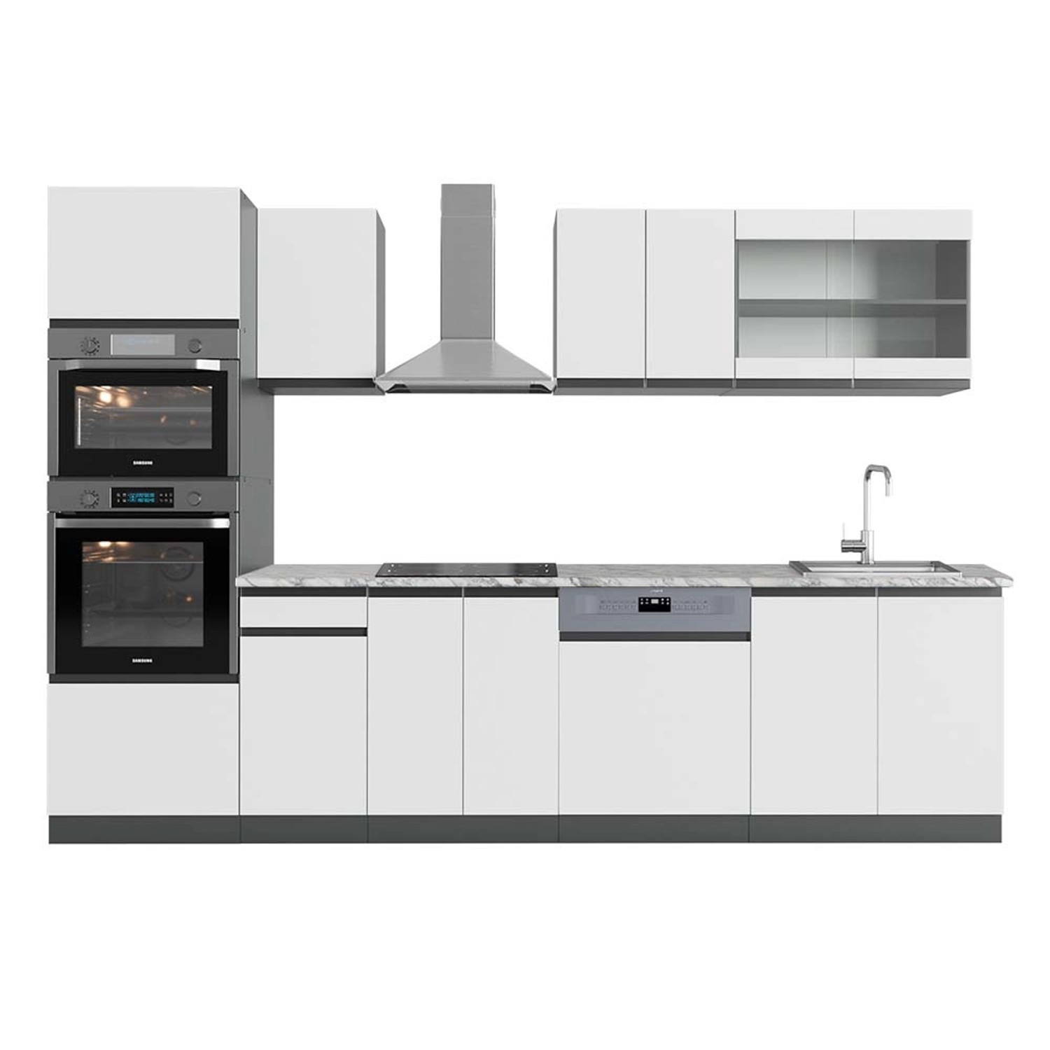 Vicco R-Line Küchenzeile Weiß/Anthrazit 300 cm mit HochschrankAP Marmor günstig online kaufen
