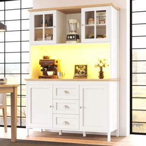 Weißer Küchenschrank mit LED-Beleuchtung, 4 Türen, 3 Schubladen und Holzplatte. Ideal für Küche und Esszimmer.