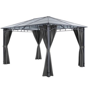 Grauer Tectake Gartenpavillon 3x4m mit robustem Aluminiumgestell, transparentem Polycarbonatdach und flexiblen Seitenteilen.