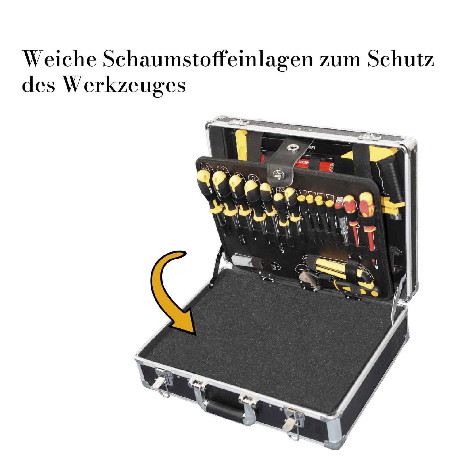 Geöffneter TECH-CRAFT Werkzeugkoffer mit Werkzeug und Schaumstoffeinlage.