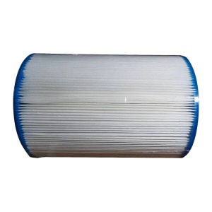 Weißer Whirlpool Filter Skimmer, zylindrische Filterkartusche mit blauen Enden. 15 cm. Für sauberes Whirlpoolwasser.