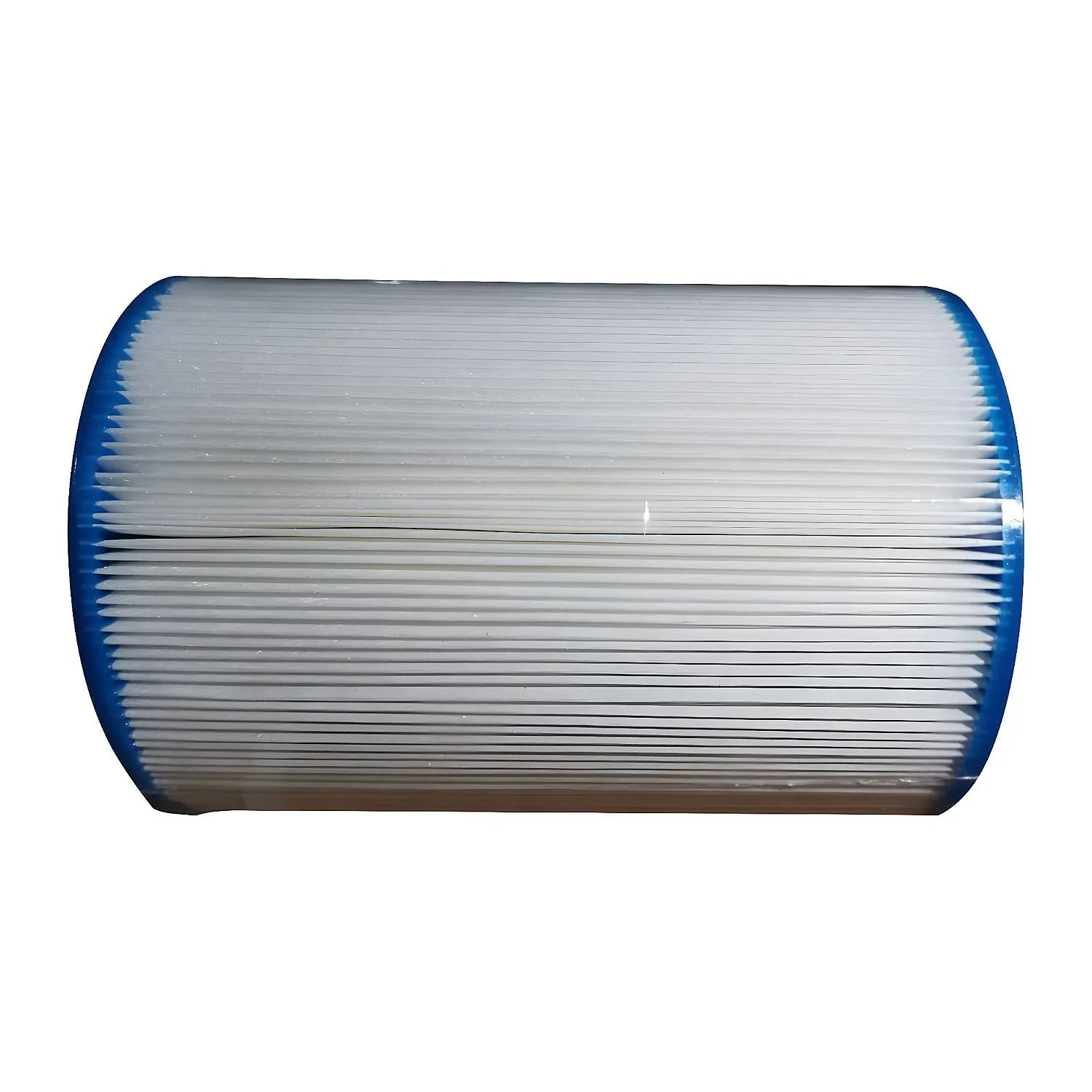 Weißer Whirlpool Filter Skimmer, zylindrische Filterkartusche mit blauen Enden. 15 cm. Für sauberes Whirlpoolwasser.