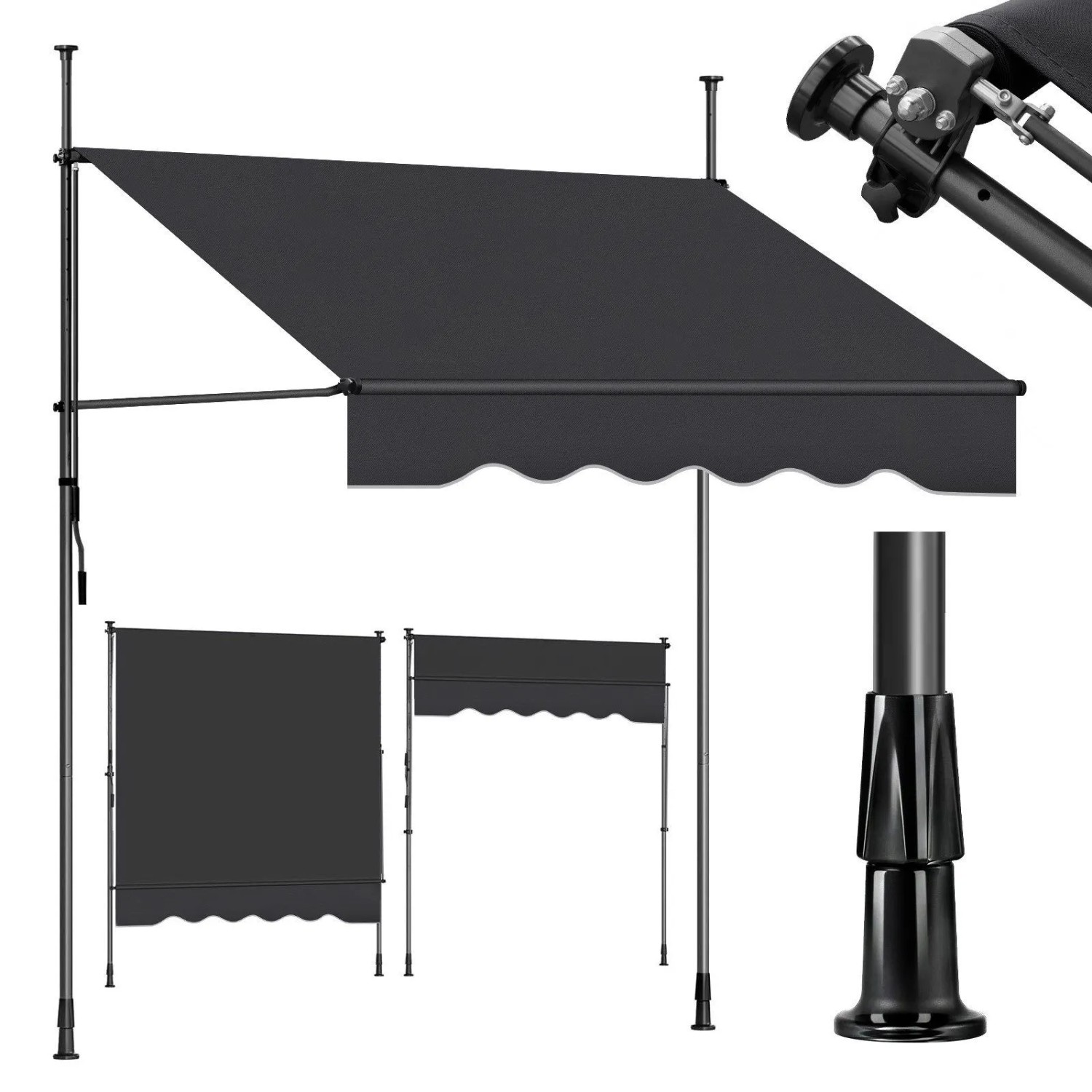 Sekey Klemmmarkise für Balkon mit Kurbel ohne Bohren Sonnenschutz UV-beständig Balkonmarkise 300 x 130 cm Dunkelgrau
