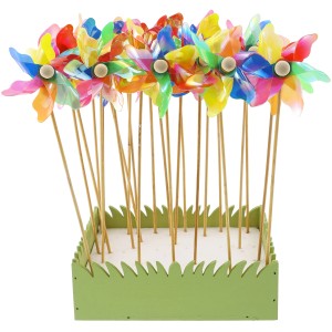Bunter Zaunkasten mit 24 Windrädchen (28 cm) aus Kunststoff und Holz zur Gartendekoration.