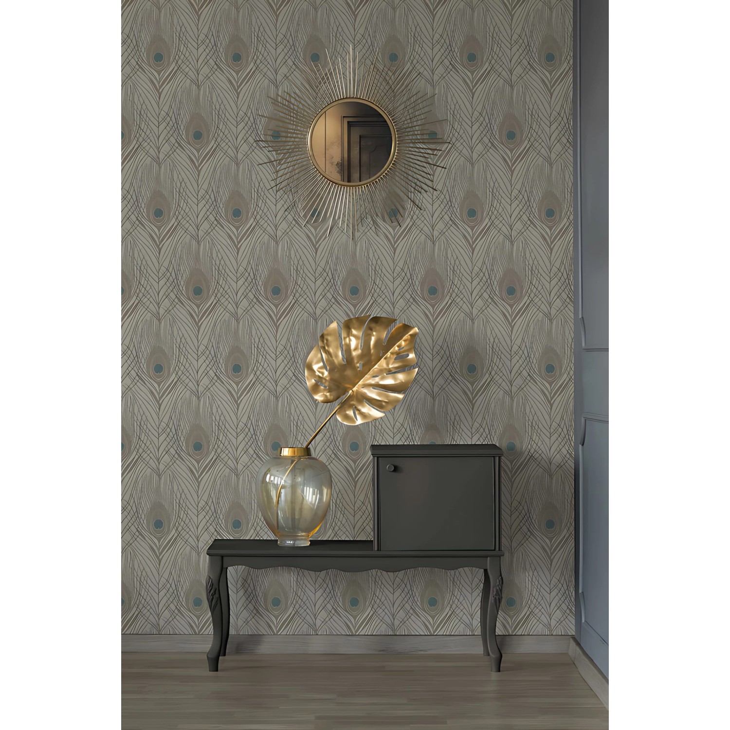 PROFHOME Vliestapete mit Federn in Braun, Grau und Blau. Dekorative Tapete mit matter Optik.