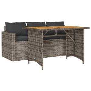 Graue 2-tlg. Garten Essgruppe aus Polyrattan mit Tisch und 3-Sitzer Sofa inklusive Kissen.