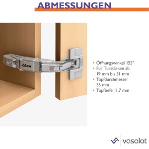 vasalat Set: Blum Clip Top Blumotion Weitwinkelscharnier 155° Inserta mit Platten am Möbelstück.