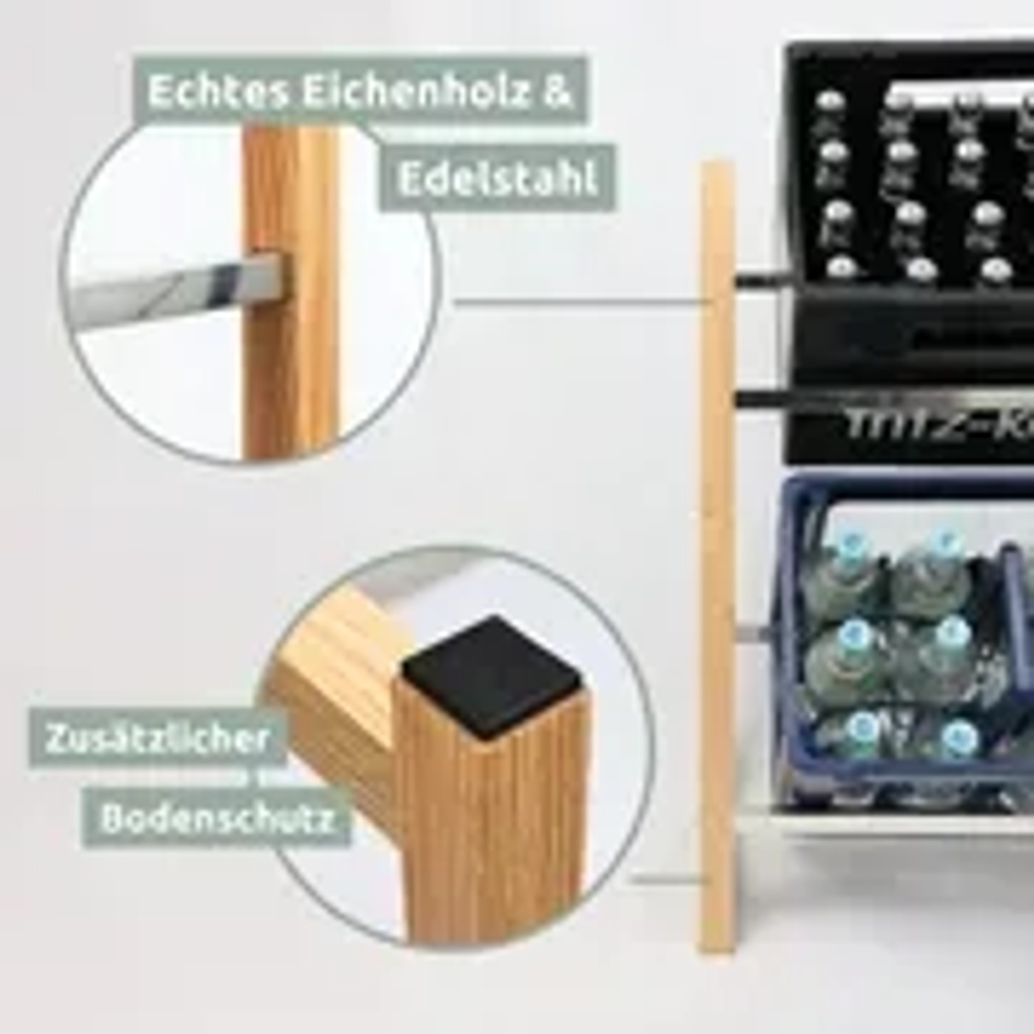 Holz4home Getränkekistenregal mit Edelstahlablage und zwei Getränkekisten.