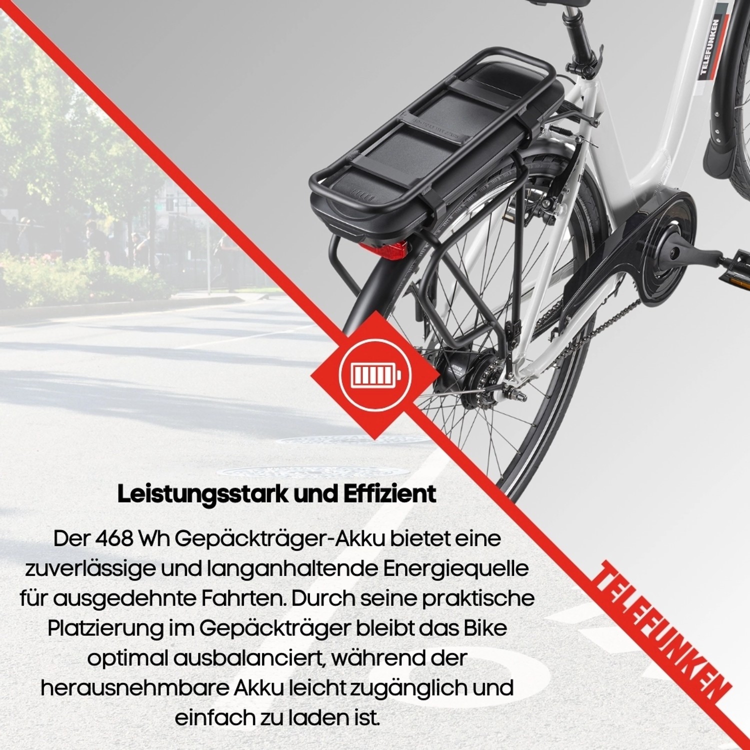 Telefunken City E-Bike: Detailansicht des Gepäckträger-Akkus mit 468Wh für lange Fahrten.