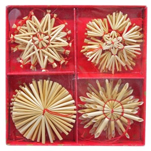 Weihnachtliche Strohsterne, 16 Anhänger in Box mit 4 Designs, traditionelle Weihnachtsdekoration.